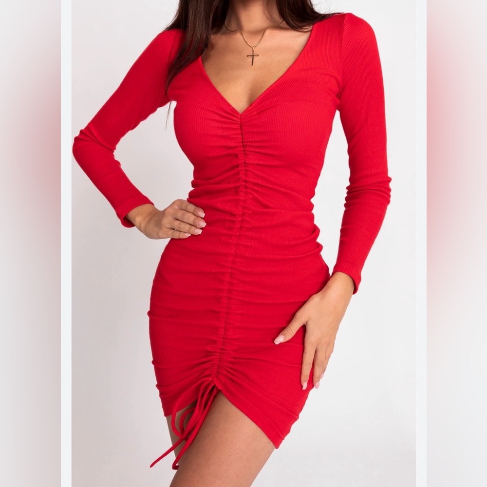 Red Ruched Long-Sleeve Bodycon Dress